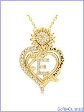 14K Gold Plated Sunflower Initial E Pendant Necklace Adjustable 18-20 in